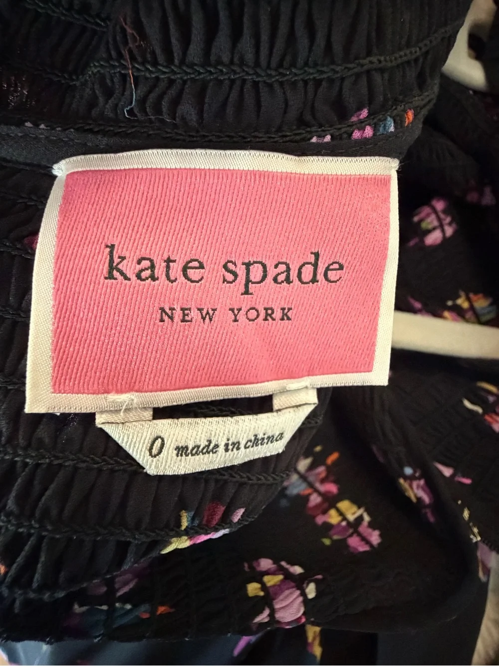 Kate Spade Black Smocked Neck Long Sleeve Floral Print Dress
